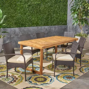 Outdoor 6-Seater Acacia Wood Dining Set with Wicker Chairs, Sandblast Natural Finish and Multi Brown and Cream - NH770603 patio chairs, outdoor seating