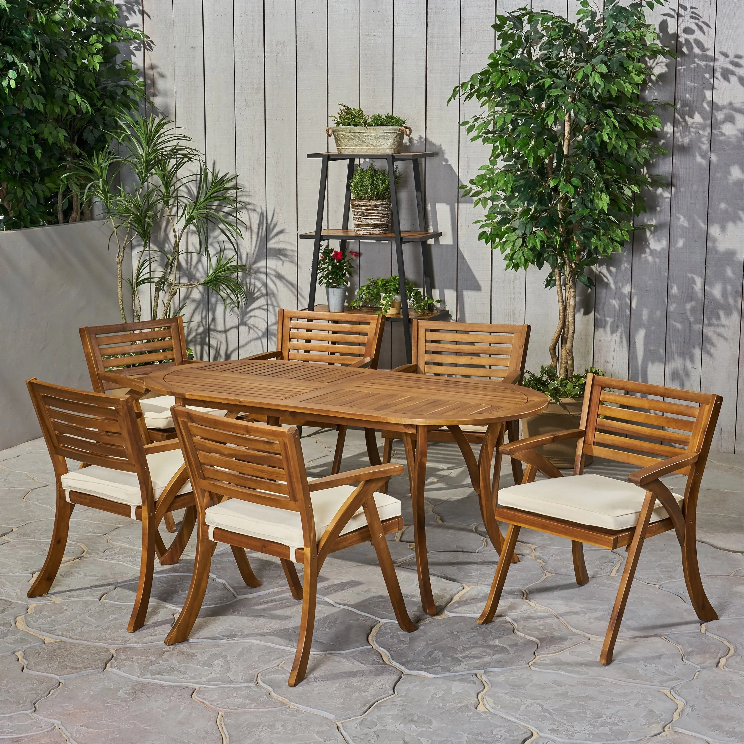 Outdoor 6 Seater Acacia Wood Oval Dining Set with Cushions - NH559903