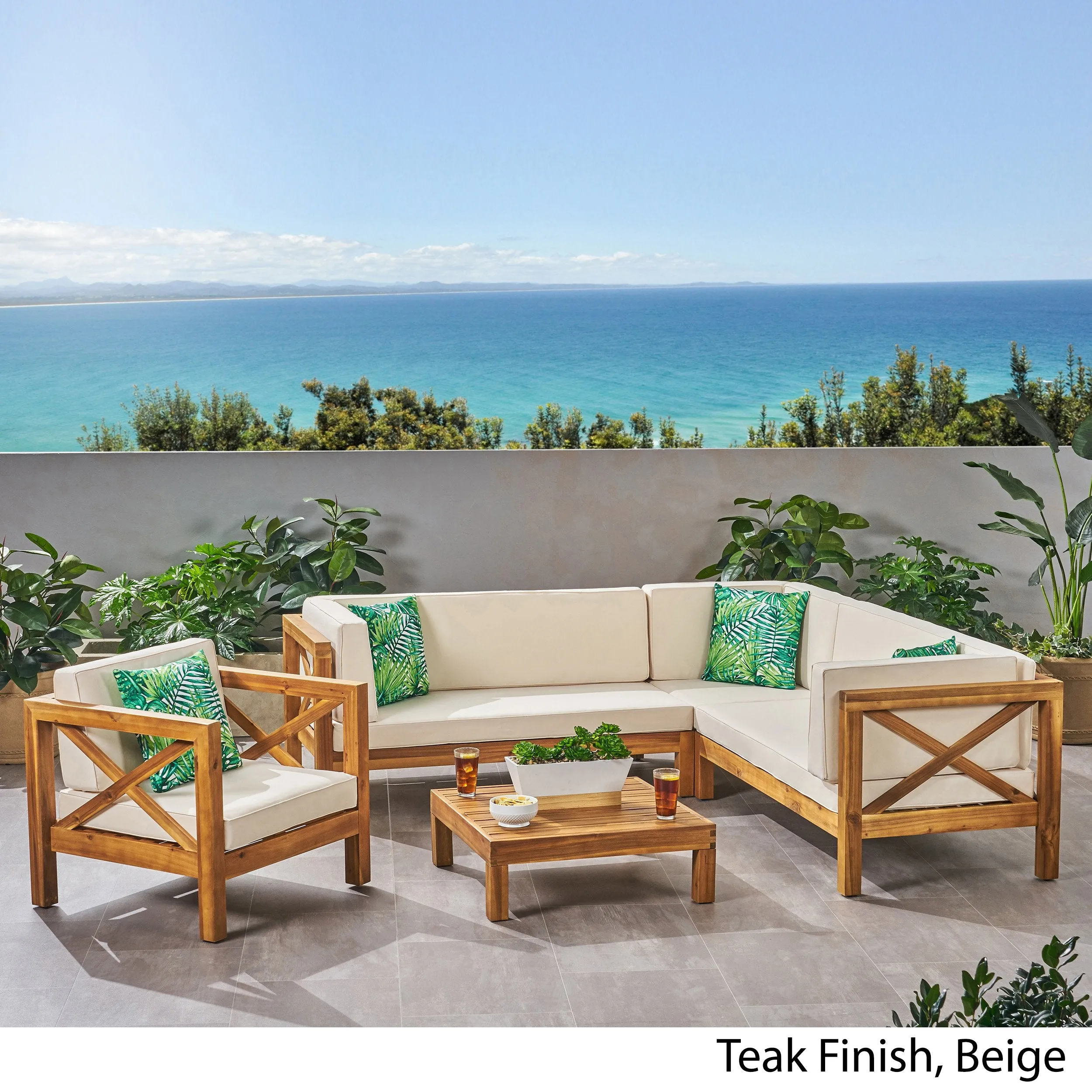 Outdoor 6 Seater Acacia Wood Sectional Sofa and Club Chair Set - NH524803