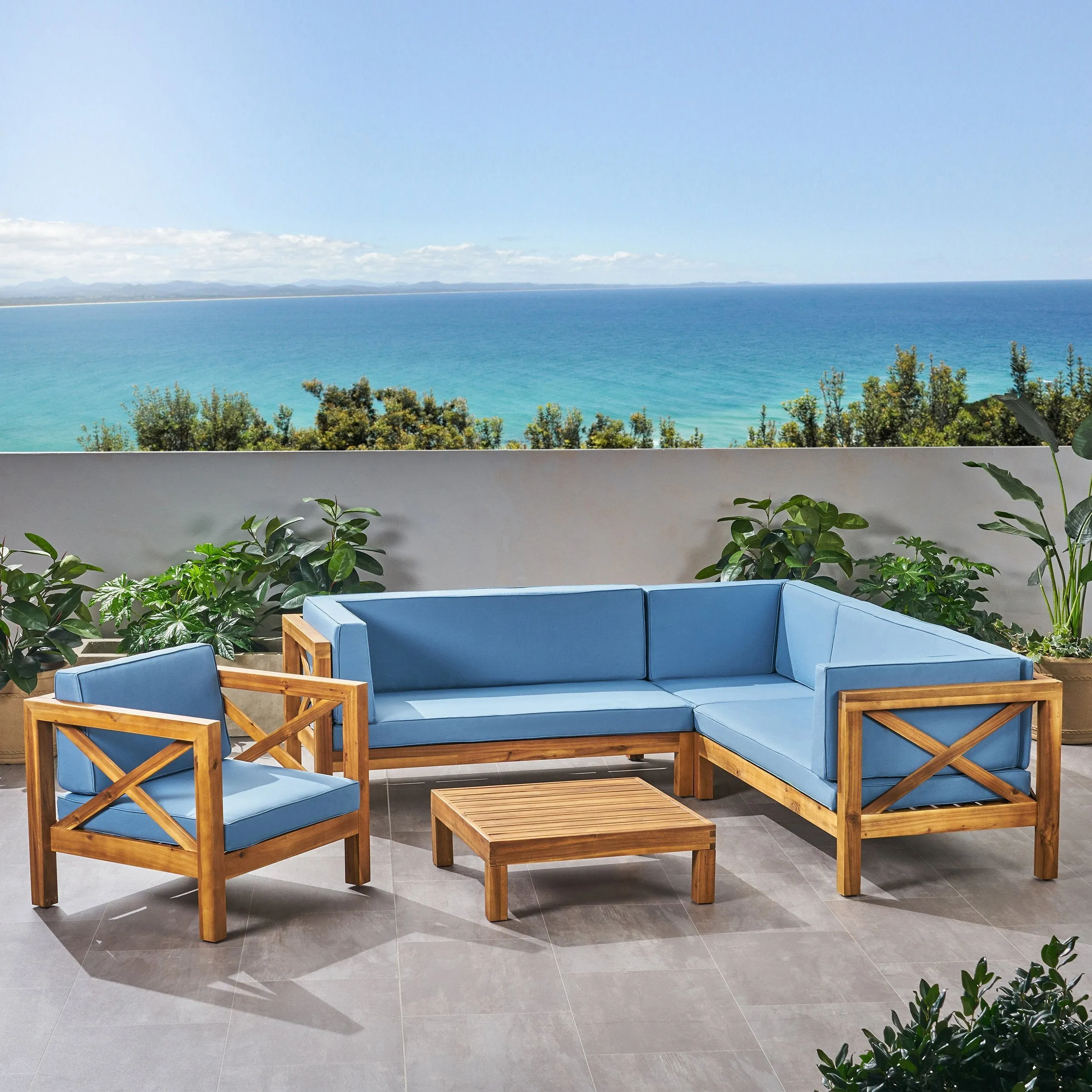 Outdoor 6 Seater Acacia Wood Sectional Sofa and Club Chair Set - NH524803