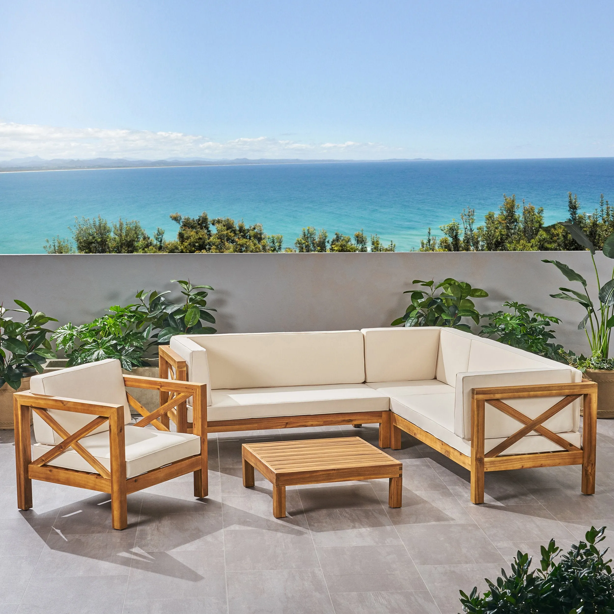 Outdoor 6 Seater Acacia Wood Sectional Sofa and Club Chair Set - NH524803