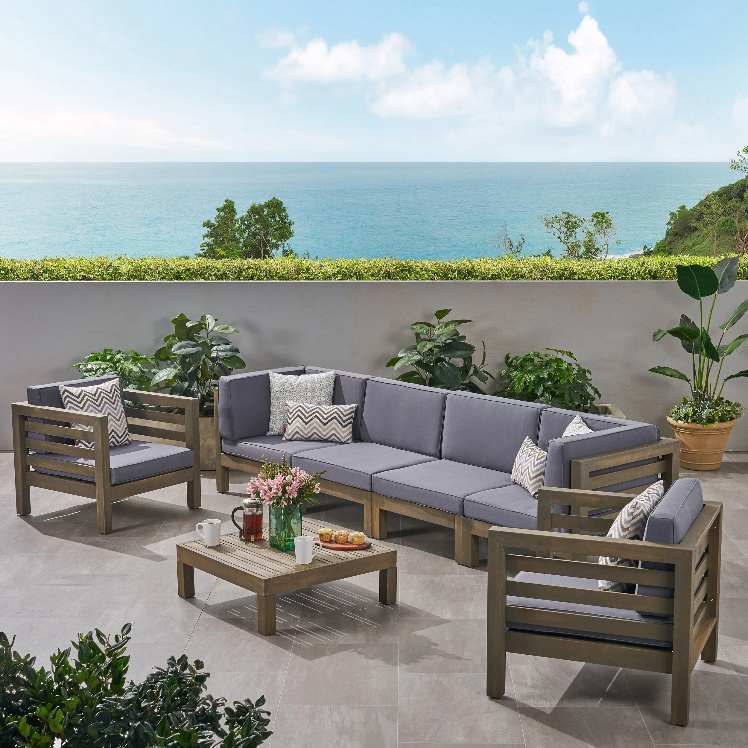 Outdoor 6 Seater Acacia Wood Sofa Chat Set - NH464803