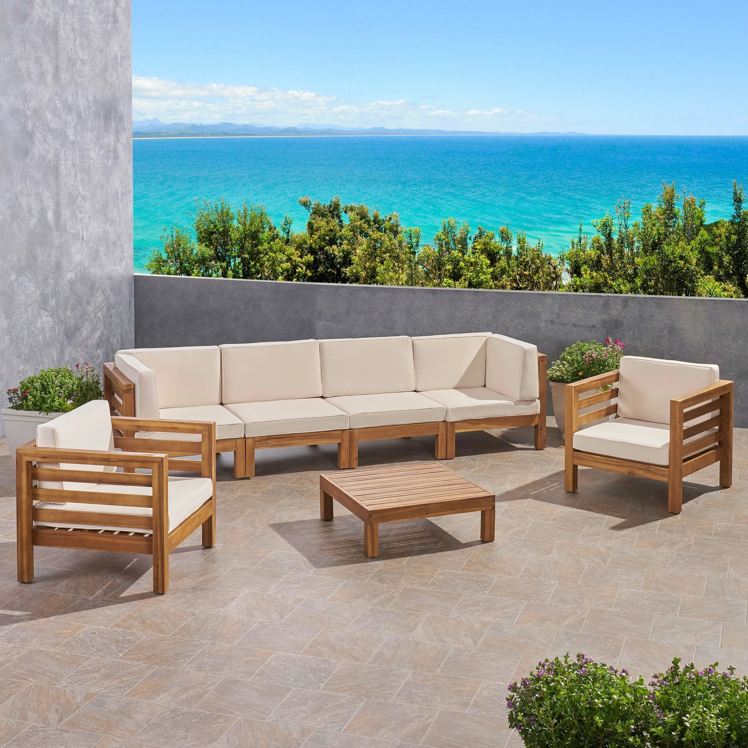 Outdoor 6 Seater Acacia Wood Sofa Chat Set - NH464803
