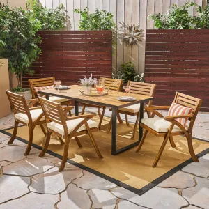 Outdoor 6-Seater Rectangular Acacia Wood and Iron Dining Set, Teak with Black and Cream - NH692603 patio chairs, outdoor seating