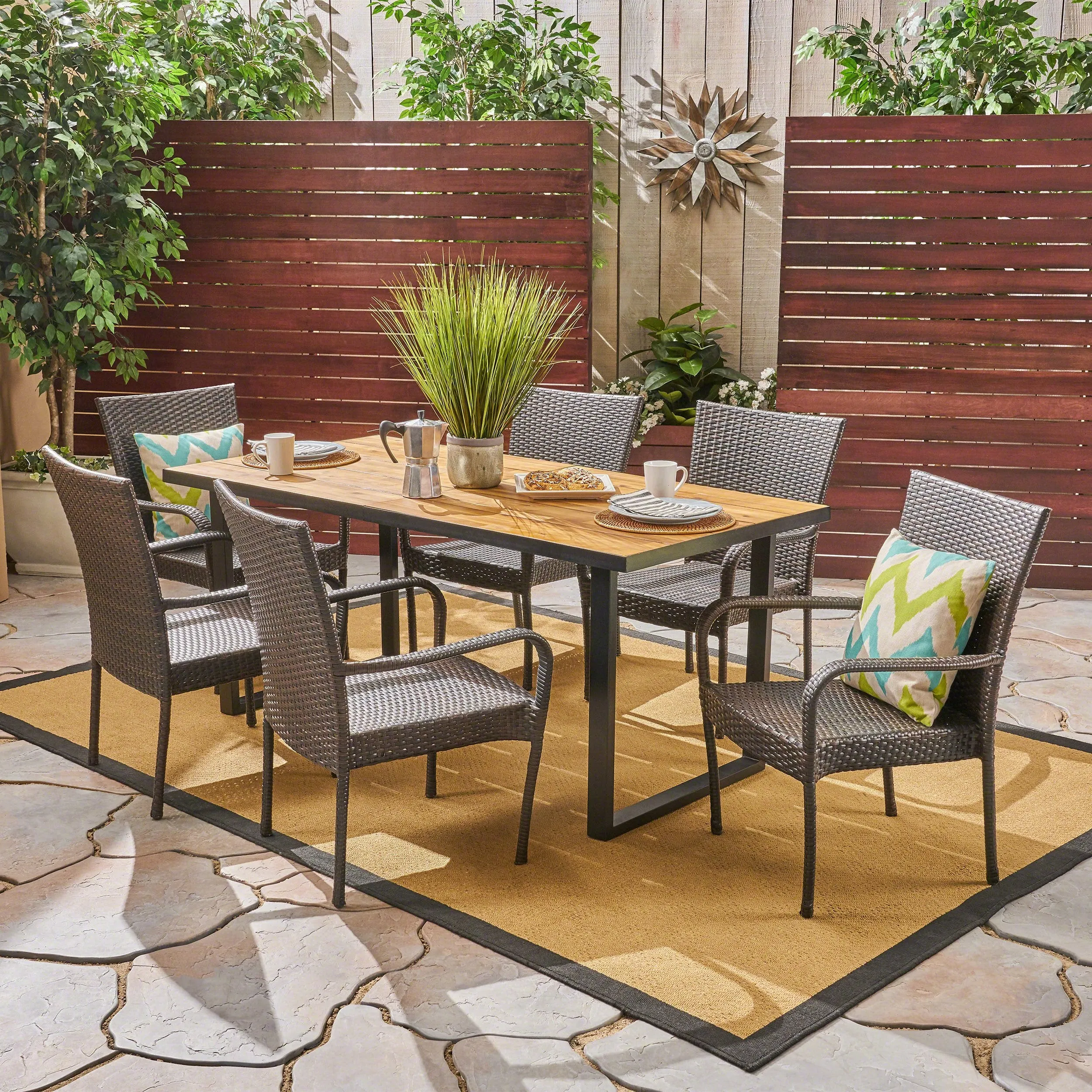 Outdoor 6-Seater Rectangular Acacia Wood and Wicker Dining Set - NH792603 patio chairs, outdoor seating