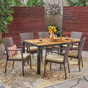Outdoor 6-Seater Rectangular Acacia Wood and Wicker Dining Set, Teak with Black and Brown with Cream - NH503603 patio chairs, outdoor seating