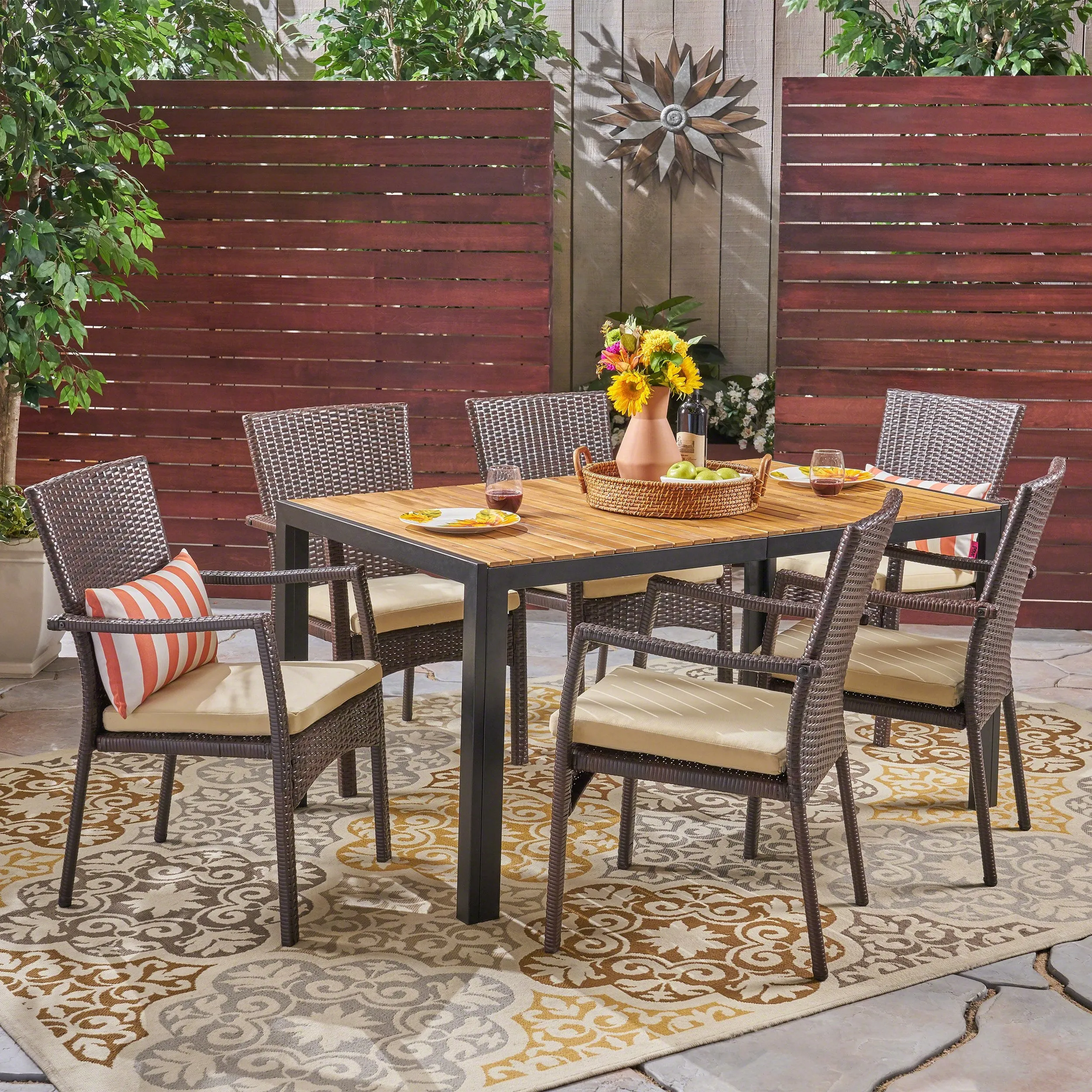 Outdoor 6-Seater Rectangular Acacia Wood and Wicker Dining Set, Teak with Black and Brown with Cream - NH503603 patio chairs, outdoor seating