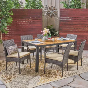 Outdoor 6-Seater Rectangular Acacia Wood and Wicker Dining Set, Teak with Black and Brown with Cream - NH603603 patio chairs, outdoor seating