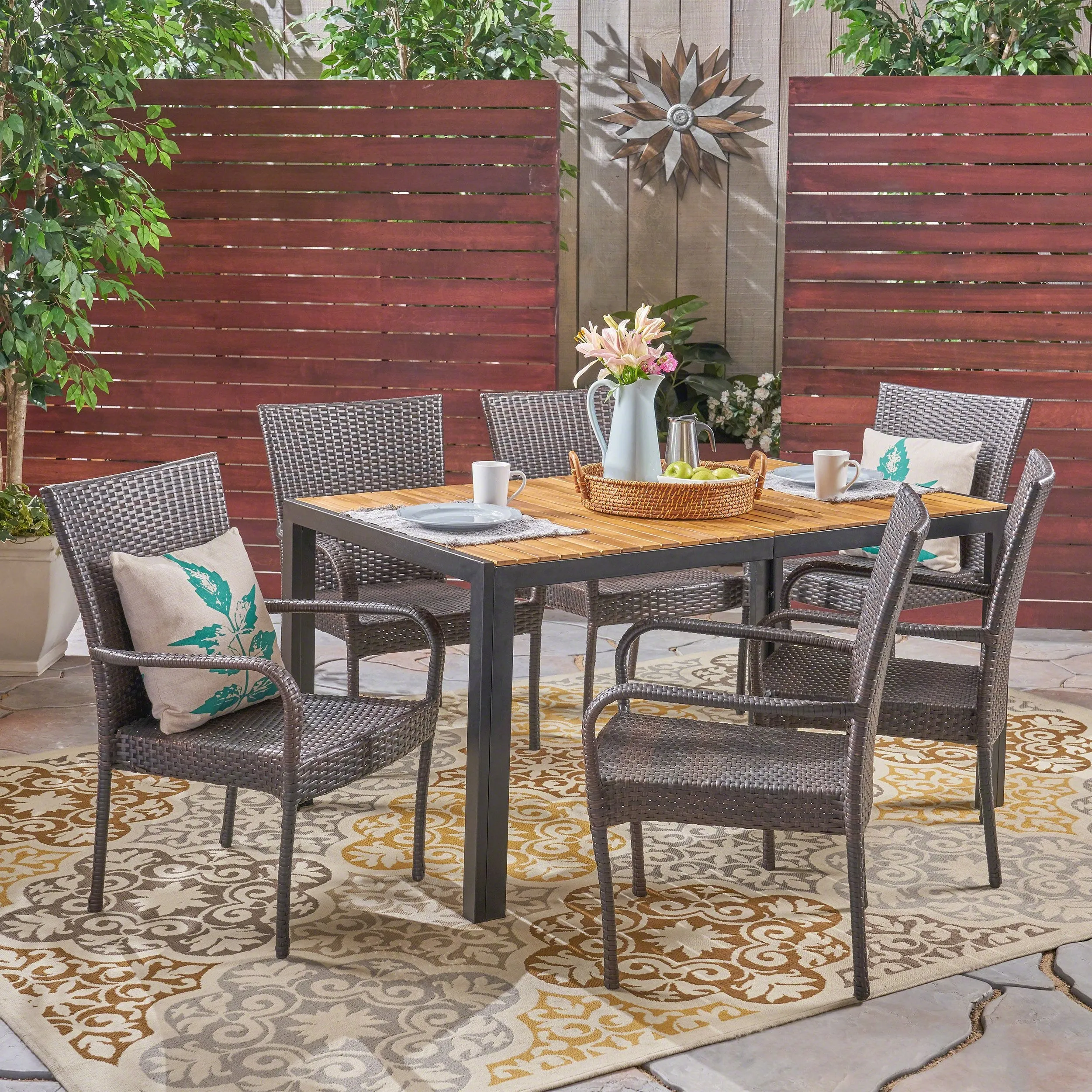 Outdoor 6-Seater Rectangular Acacia Wood and Wicker Dining Set, Teak with Black and Multi Brown - NH403603 patio chairs, outdoor seating