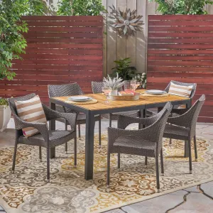 Outdoor 6-Seater Rectangular Acacia Wood and Wicker Dining Set, Teak with Black and Multi Brown - NH803603 patio chairs, outdoor seating