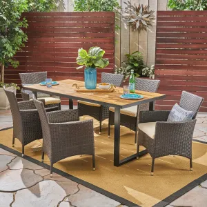 Outdoor 6-Seater Rectangular Acacia Wood and Wicker Dining Set, Teak with Black and Multi Brown with Beige - NH003603 patio chairs, outdoor seating