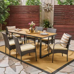 Outdoor 6-Seater Rectangular Acacia Wood and Wicker Dining Set, Teak with Black and Multi Brown with Cream - NH992603 patio chairs, outdoor seating