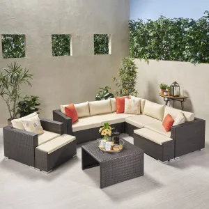 Outdoor 6 Seater V Shaped Wicker Sectional Sofa Set with Ottomans - NH769903 patio chairs, outdoor seating