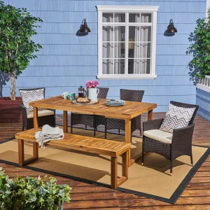 Outdoor 6-Seater Wood and Wicker Chair and Bench Dining Set - NH119503 patio chairs, outdoor seating