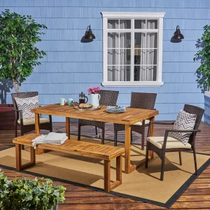 Outdoor 6-Seater Wood and Wicker Chair and Bench Dining Set - NH219503 patio chairs, outdoor seating