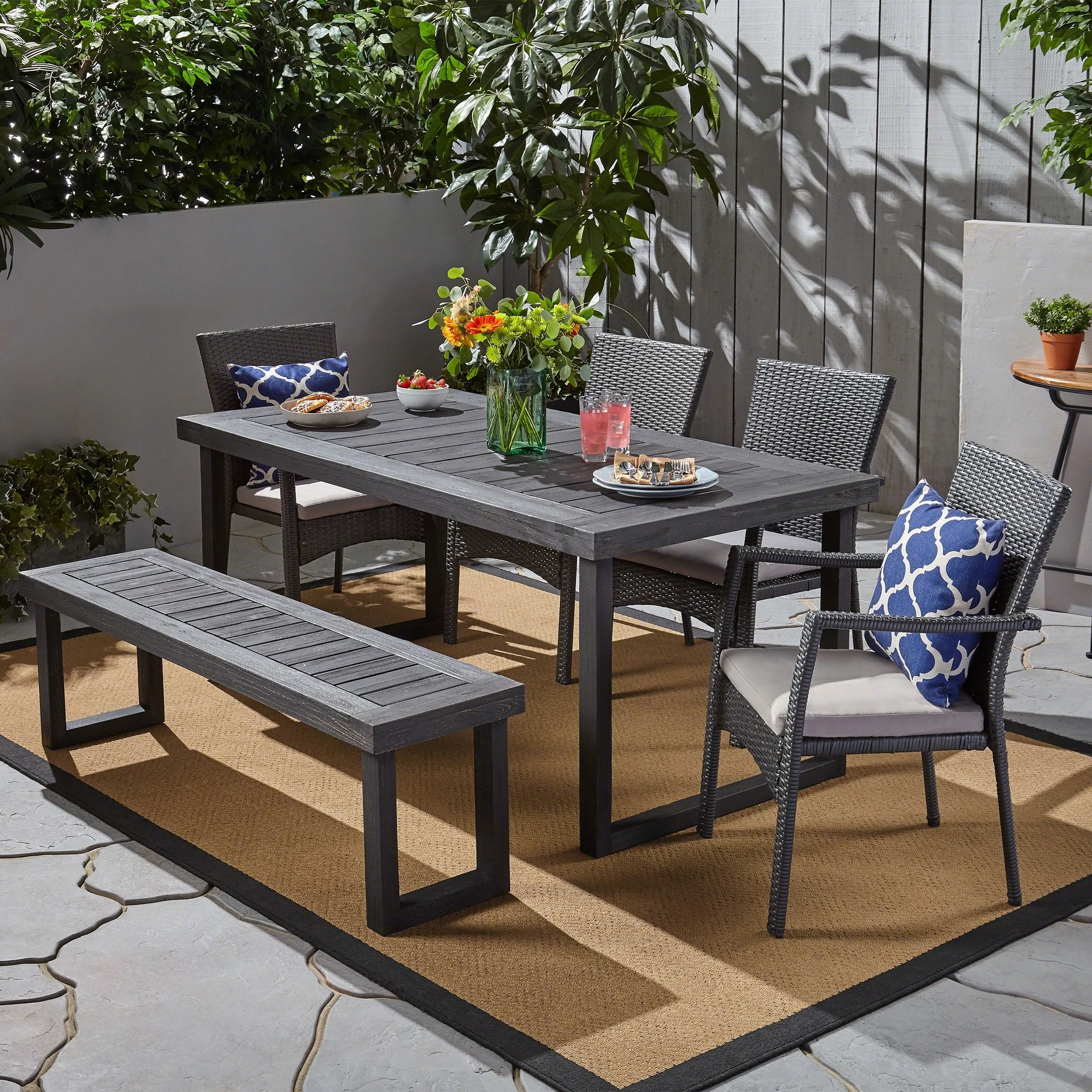 Outdoor 6-Seater Wood and Wicker Chair and Bench Dining Set - NH219503