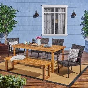 Outdoor 6-Seater Wood and Wicker Chair and Bench Dining Set - NH284503 patio chairs, outdoor seating