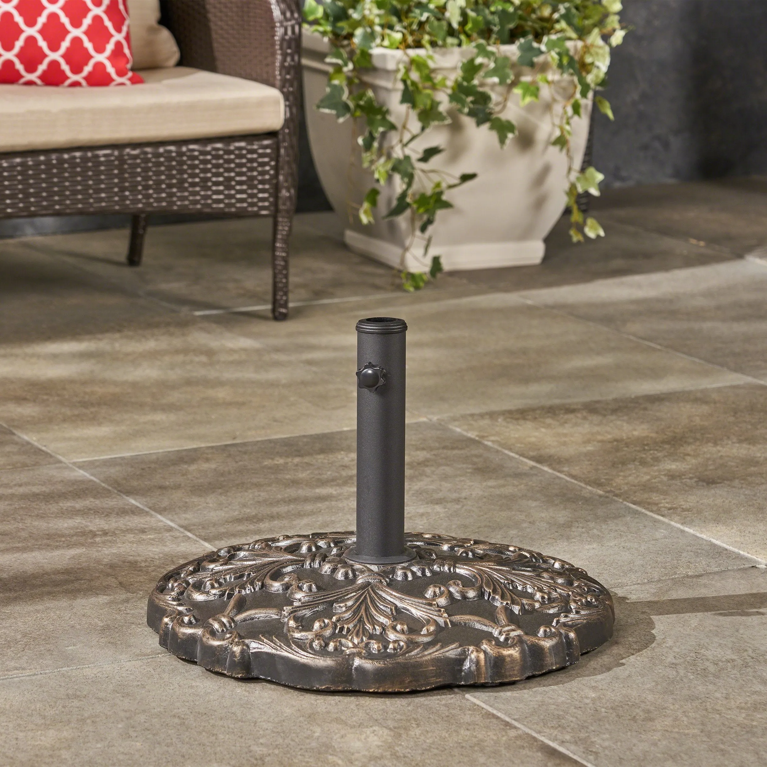 Outdoor 66lb Concrete Circular Umbrella Base, Hammered Dark Copper - NH566403 patio chairs, outdoor seating