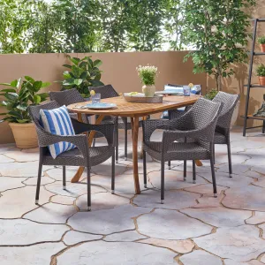Outdoor 7 Piece Acacia Wood and Wicker Dining Set, Teak with Multi Brown Chairs - NH420503 patio chairs, outdoor seating