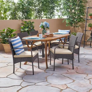 Outdoor 7 Piece Acacia Wood and Wicker Dining Set, Teak with Multi Brown Chairs - NH720503 patio chairs, outdoor seating