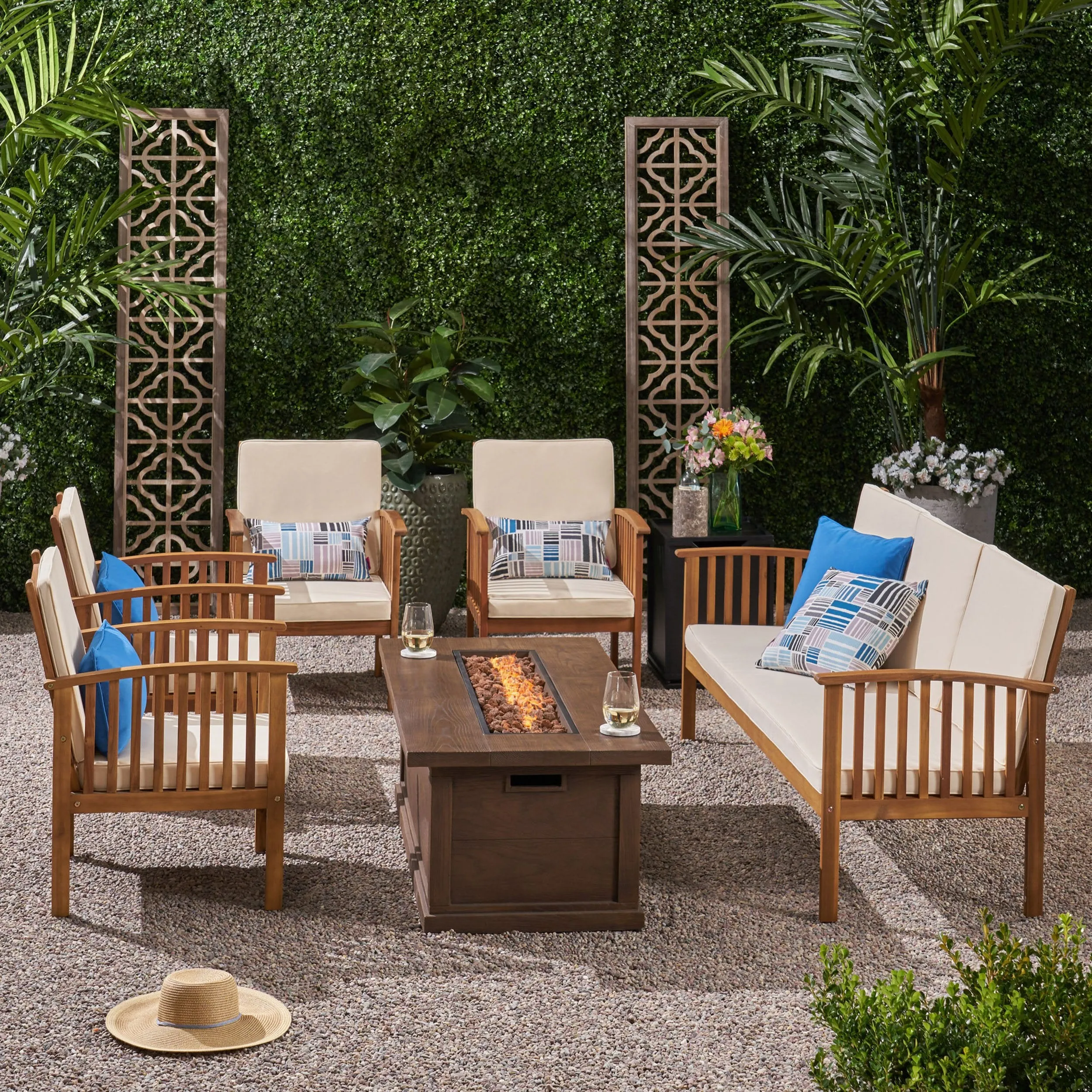 Outdoor 7 Piece Acacia Wood Chat Set with Fire Pit - NH002803 patio chairs, outdoor seating