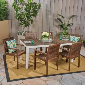 Outdoor 7-Piece Acacia Wood Dining Set, Dark Brown and White - NH240603 patio chairs, outdoor seating