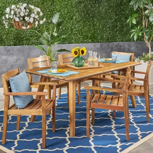 Outdoor 7 Piece Acacia Wood Dining Set, Teak and Dark Brown - NH552603 patio chairs, outdoor seating