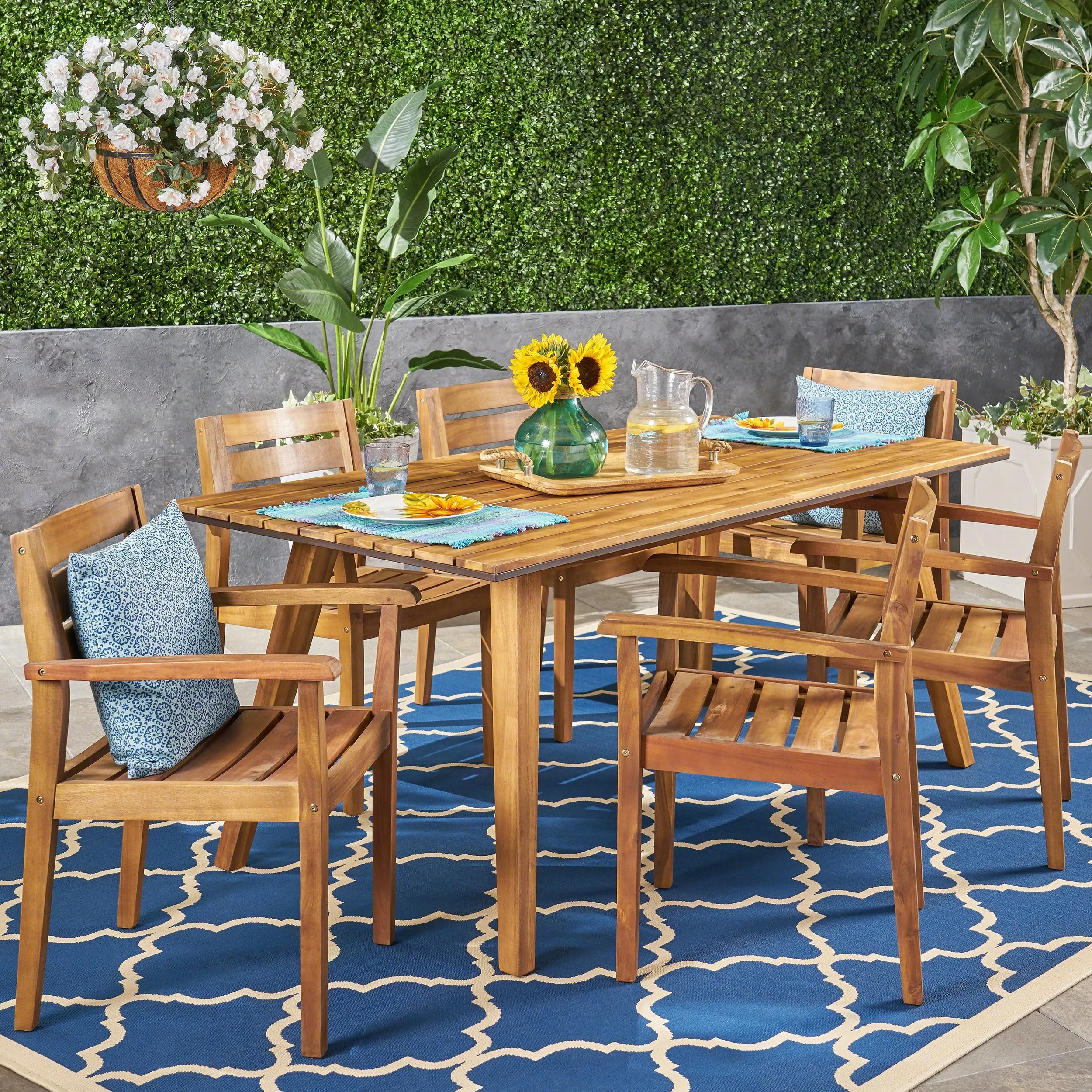 Outdoor 7 Piece Acacia Wood Dining Set, Teak and Dark Brown - NH552603 patio chairs, outdoor seating