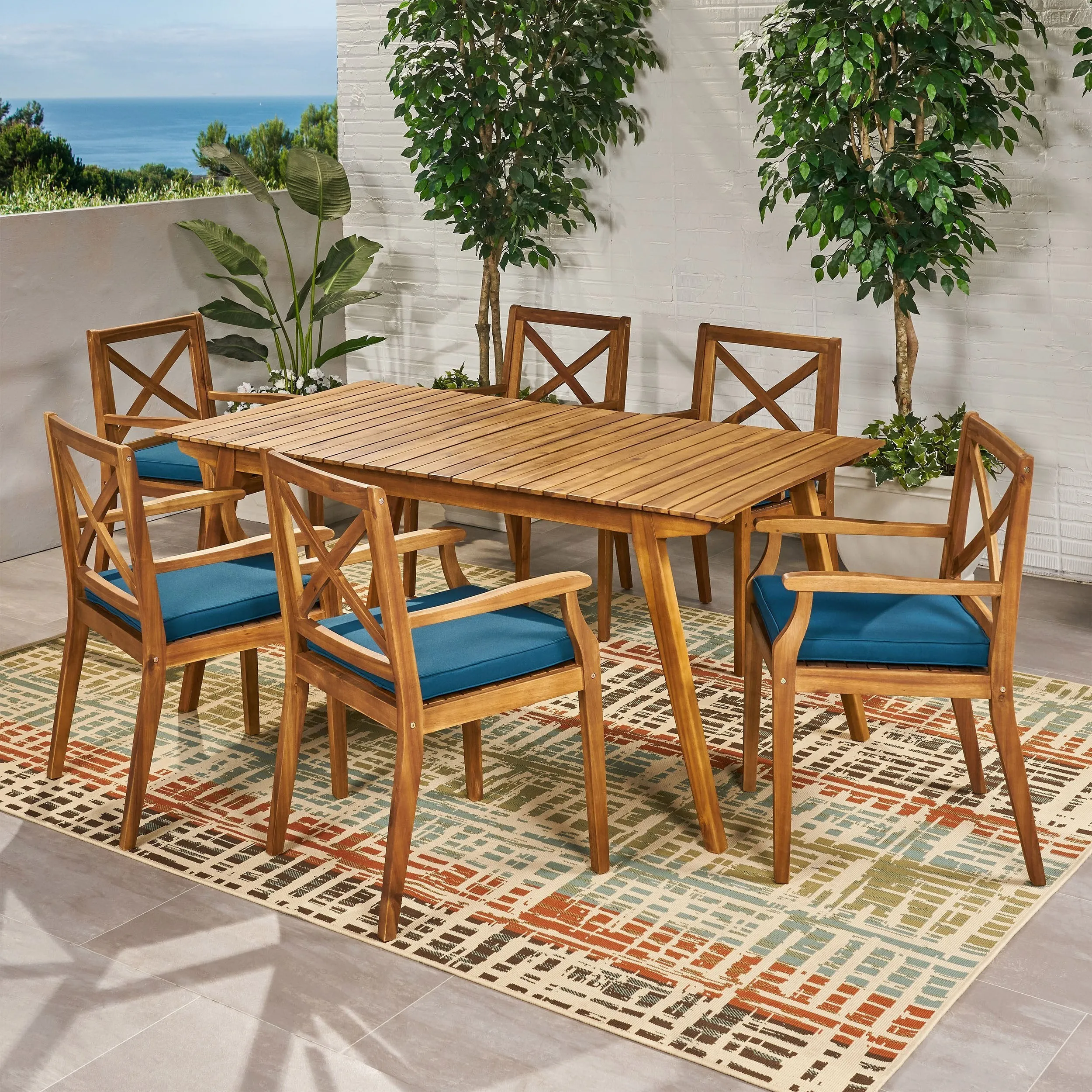 Outdoor 7-Piece Acacia Wood Dining Set with Cushions - NH349503