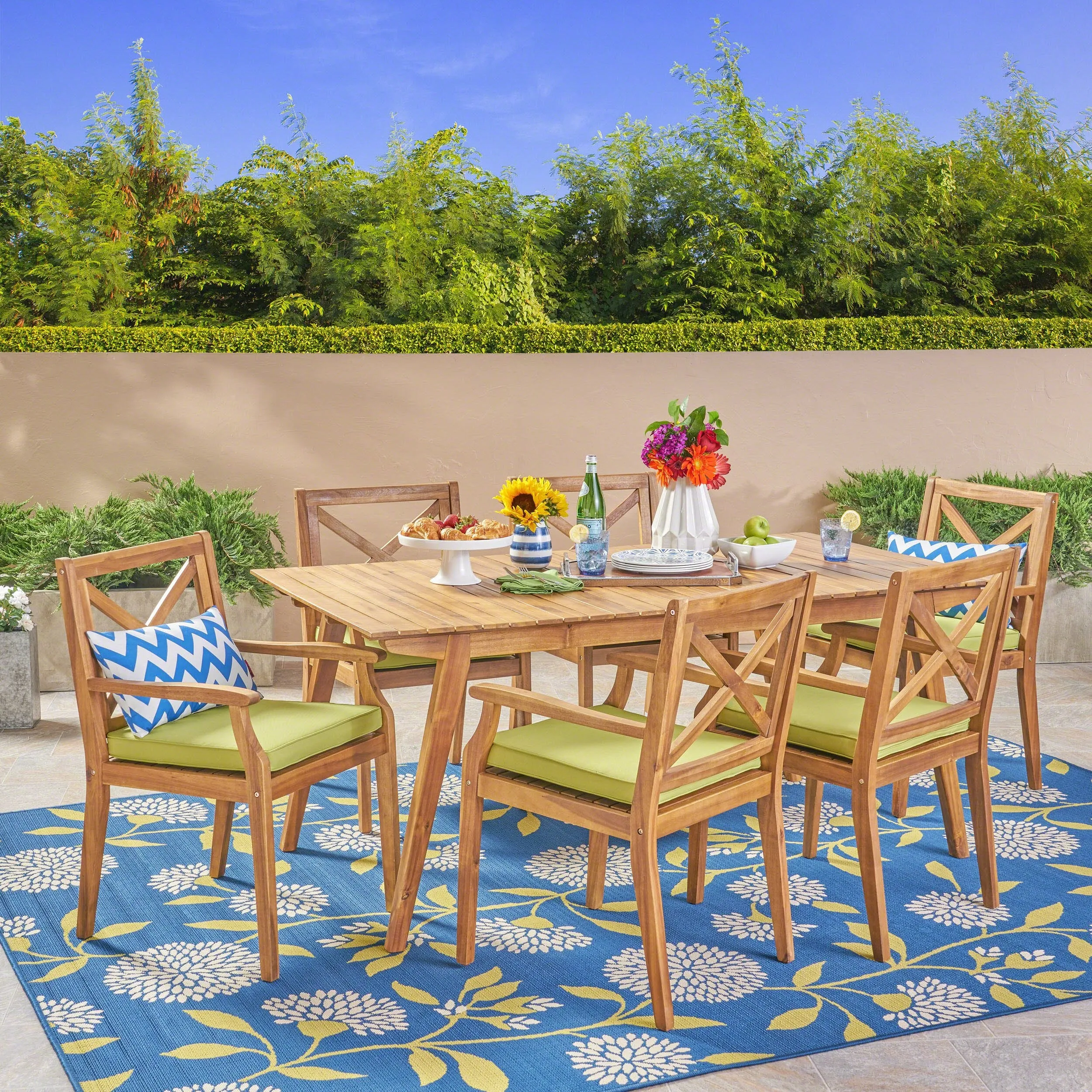 Outdoor 7-Piece Acacia Wood Dining Set with Cushions - NH349503 patio chairs, outdoor seating