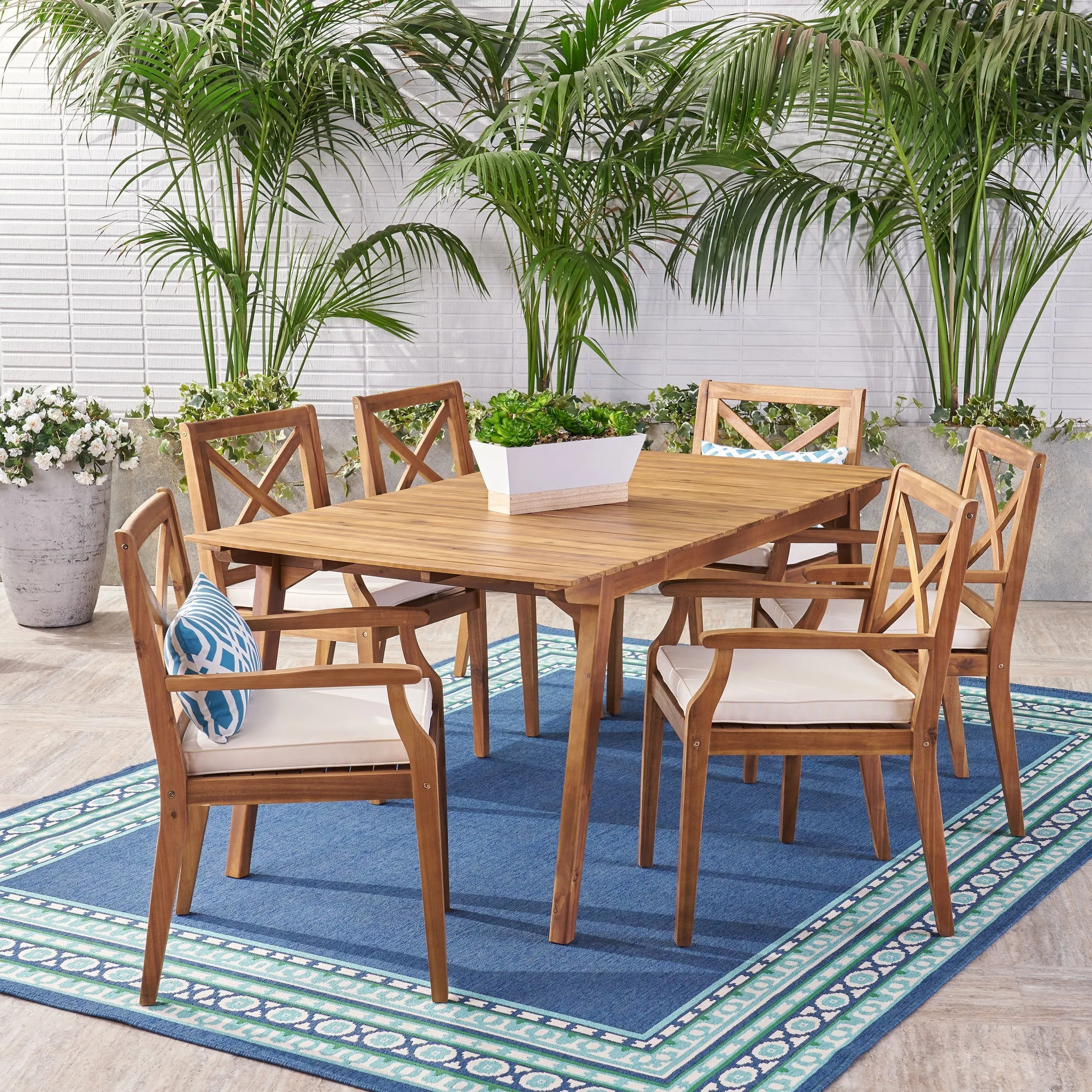 Outdoor 7-Piece Acacia Wood Dining Set with Cushions - NH349503