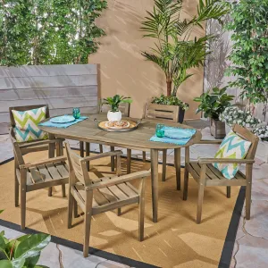 Outdoor 7-Piece Acacia Wood Dining Set with Oval Table, Gray Finish - NH660603 patio chairs, outdoor seating