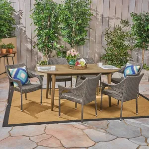 Outdoor 7 Piece Acacia Wood Dining Set with Stacking Wicker Chairs - NH732603 patio chairs, outdoor seating