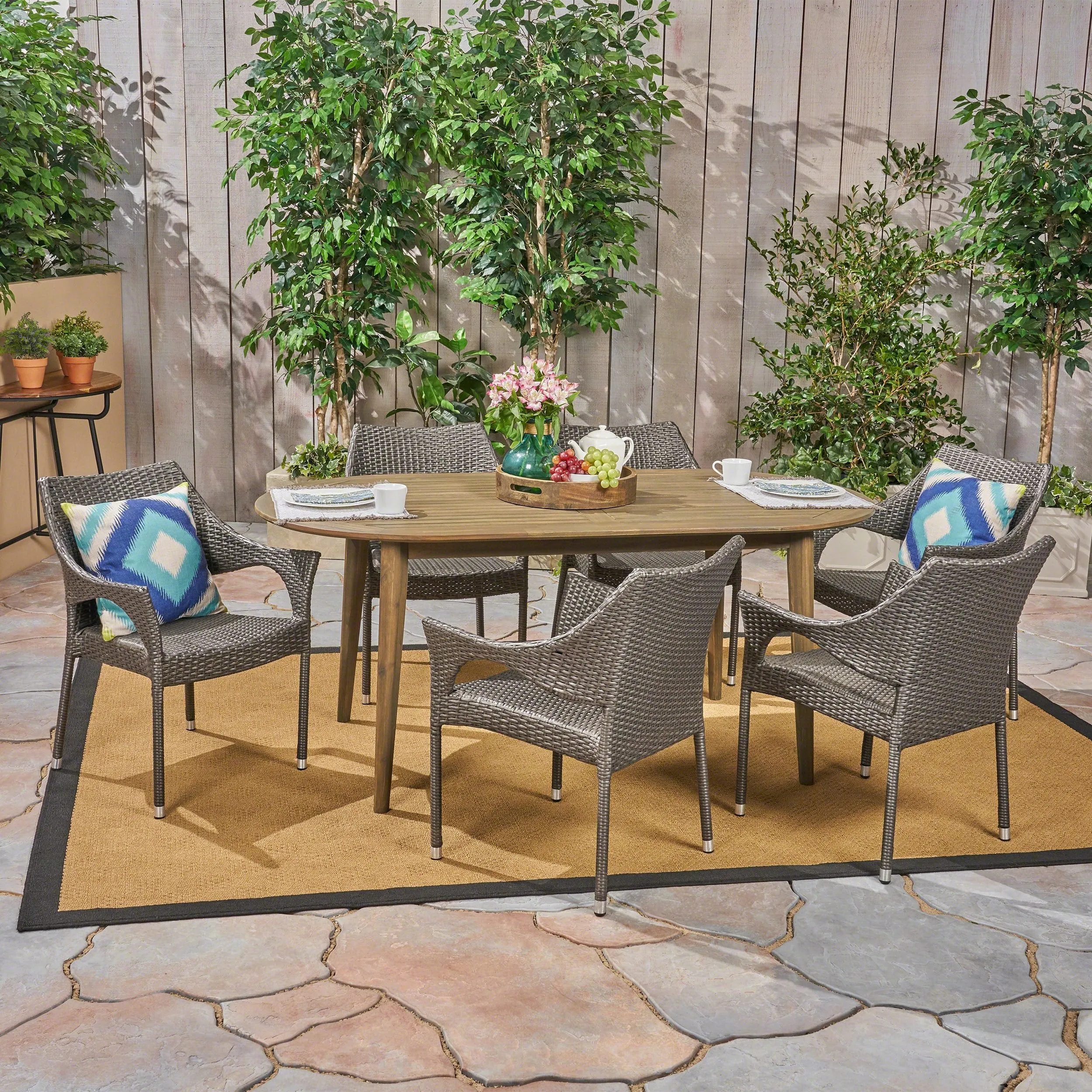 Outdoor 7 Piece Acacia Wood Dining Set with Stacking Wicker Chairs - NH732603 patio chairs, outdoor seating