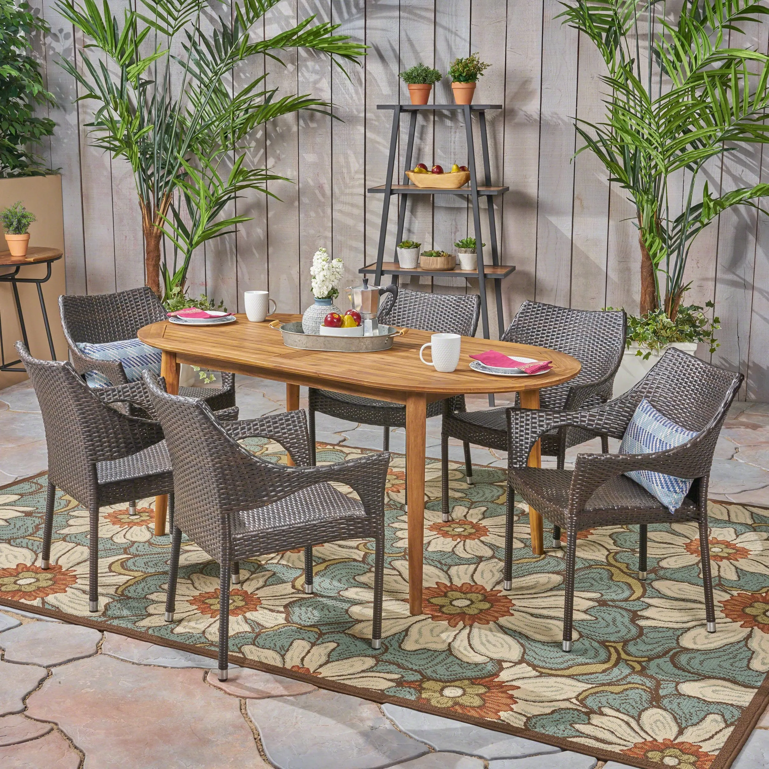 Outdoor 7 Piece Acacia Wood Dining Set with Stacking Wicker Chairs - NH732603