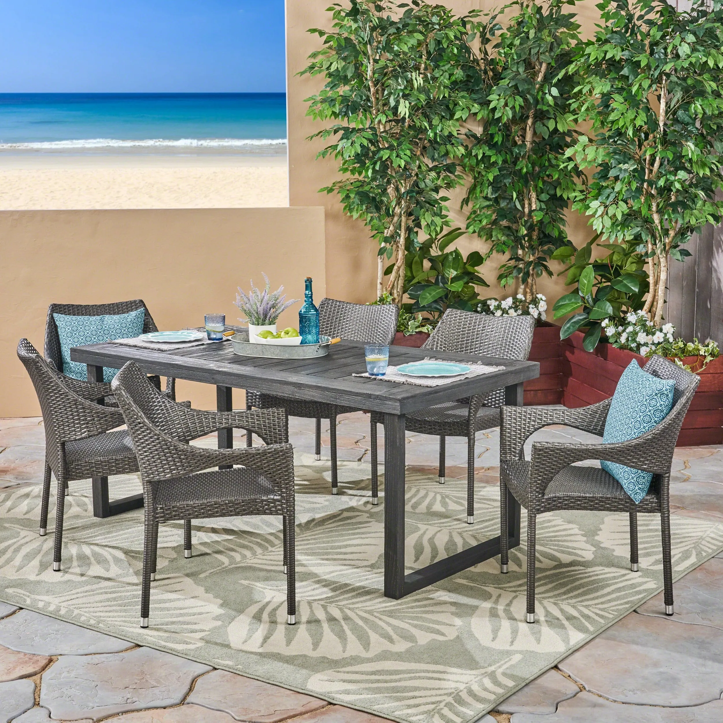 Outdoor 7 Piece Acacia Wood Dining Set with Stacking Wicker Chairs, Sandblast Dark Gray and Gray - NH142603 patio chairs, outdoor seating