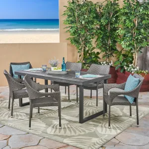 Outdoor 7 Piece Acacia Wood Dining Set with Stacking Wicker Chairs, Sandblast Dark Gray and Gray - NH142603 patio chairs, outdoor seating