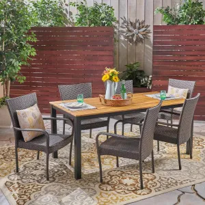 Outdoor 7 Piece Acacia Wood Dining Set with Stacking Wicker Chairs, Teak and Gray - NH717503 patio chairs, outdoor seating