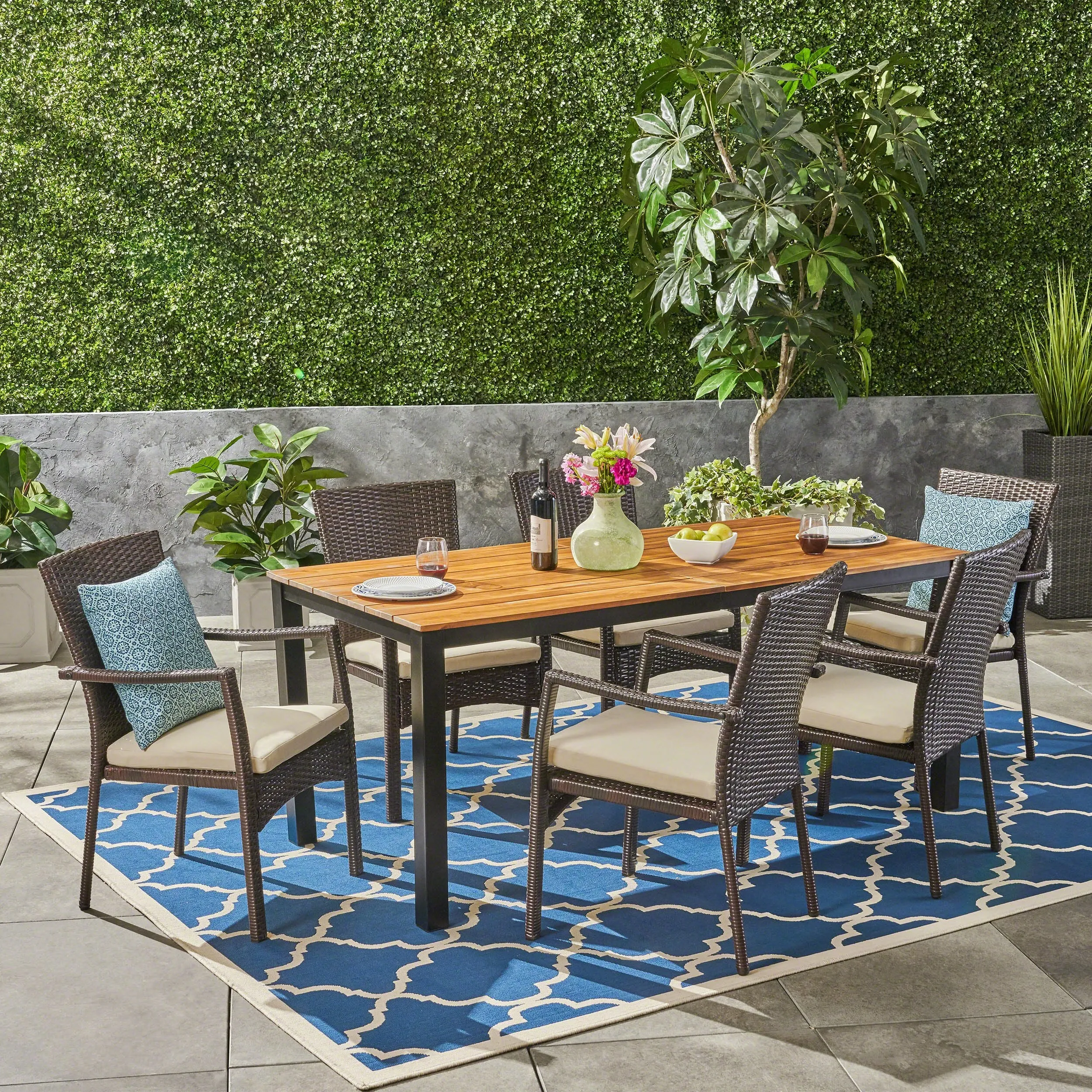 Outdoor 7 Piece Acacia Wood Dining Set with Wicker Chairs, Teak and Brown and Cream - NH537503 patio chairs, outdoor seating