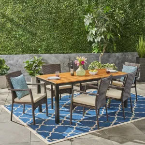 Outdoor 7 Piece Acacia Wood Dining Set with Wicker Chairs, Teak and Brown and Cream - NH537503 patio chairs, outdoor seating