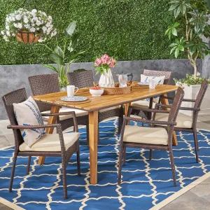 Outdoor 7 Piece Acacia Wood Dining Set with Wicker Chairs, Teak and Brown and Cream - NH652603 patio chairs, outdoor seating