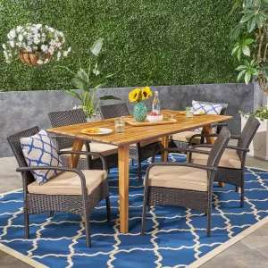 Outdoor 7 Piece Acacia Wood Dining Set with Wicker Chairs, Teak and Brown and Tan - NH162603 patio chairs, outdoor seating