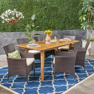 Outdoor 7 Piece Acacia Wood Dining Set with Wicker Chairs, Teak and Multi Brown and Beige - NH062603 patio chairs, outdoor seating