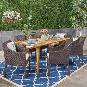 Outdoor 7 Piece Acacia Wood Dining Set with Wicker Chairs, Teak and Multi Brown and Beige - NH752603 patio chairs, outdoor seating