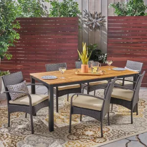 Outdoor 7 Piece Acacia Wood Dining Set with Wicker Chairs, Teak and Multi Brown and Cream - NH252603 patio chairs, outdoor seating
