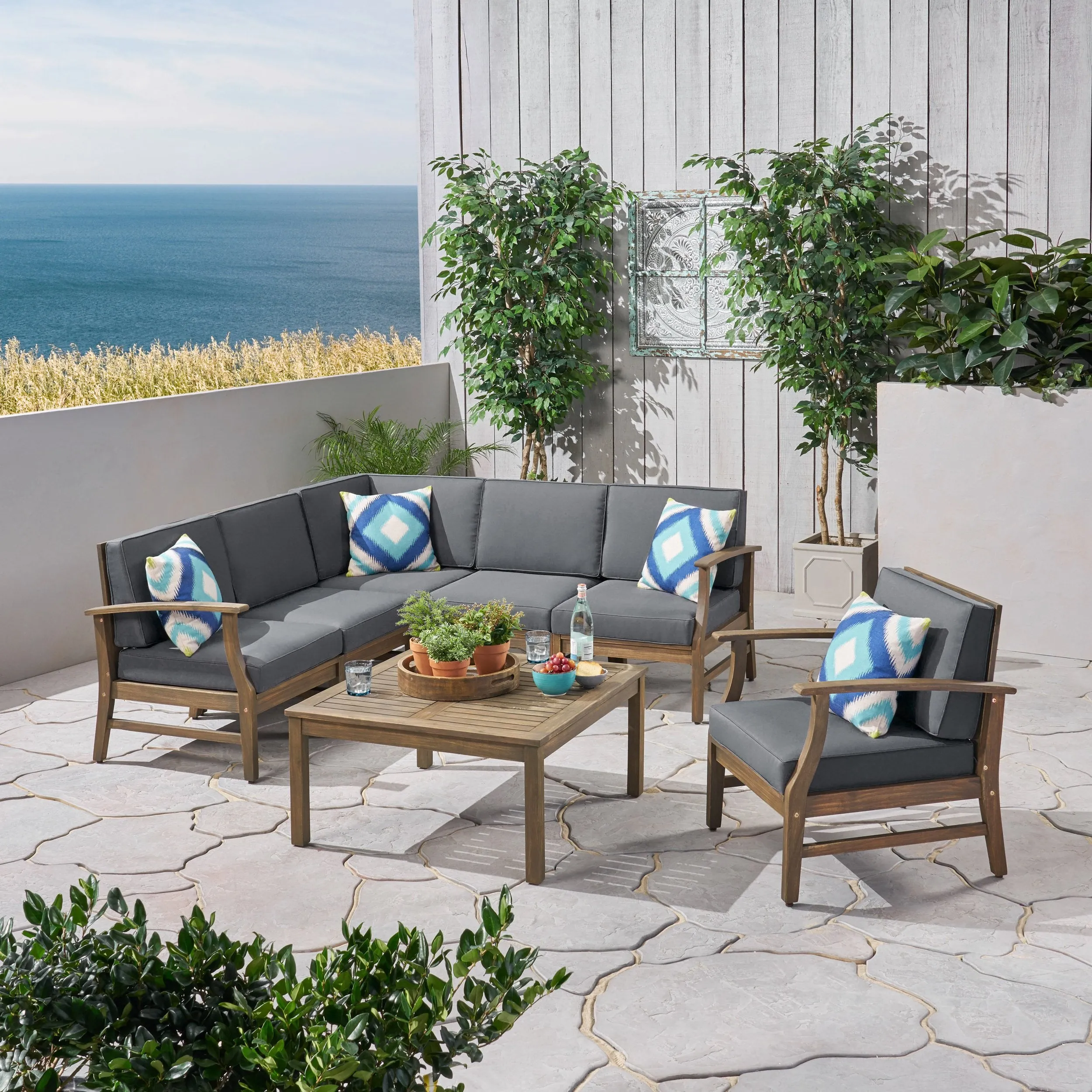 Outdoor 7 Piece Acacia Wood Sectional Sofa and Club Chair Set - NH623803 patio chairs, outdoor seating