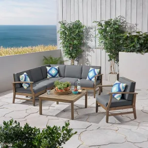 Outdoor 7 Piece Acacia Wood Sectional Sofa and Club Chair Set - NH623803 patio chairs, outdoor seating