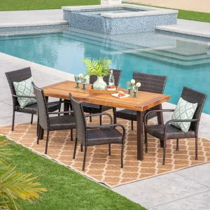 Outdoor 7 Piece Acacia Wood/ Wicker Dining Set, Teak Finish and Multibrown - NH013403 patio chairs, outdoor seating