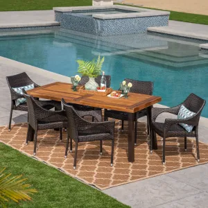 Outdoor 7 Piece Acacia Wood/ Wicker Dining Set, Teak Finish and Multibrown - NH113403 patio chairs, outdoor seating