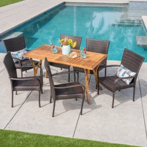 Outdoor 7 Piece  Acacia Wood/ Wicker Dining Set, Teak Finish and Multibrown - NH492403 patio chairs, outdoor seating
